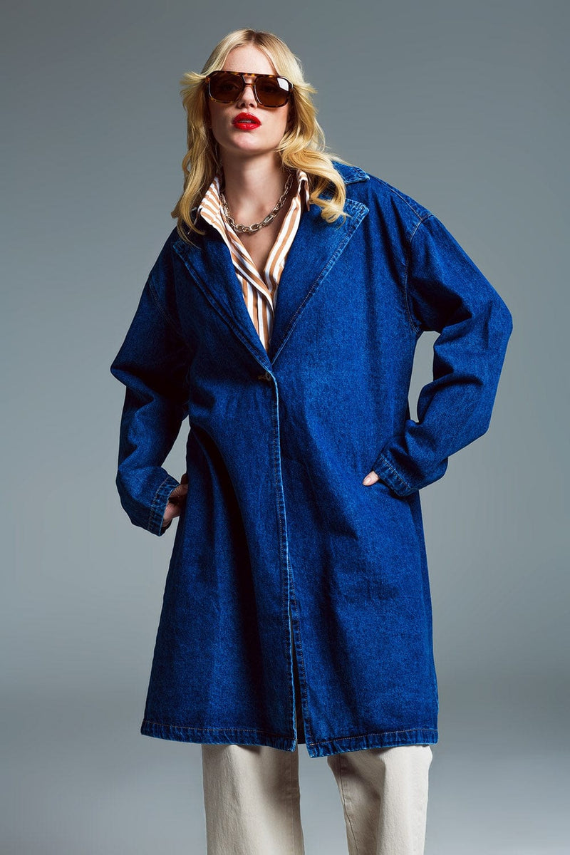 Q2 Women's Outerwear Oversized Denim Coat With Wide Collar In Mid Wash