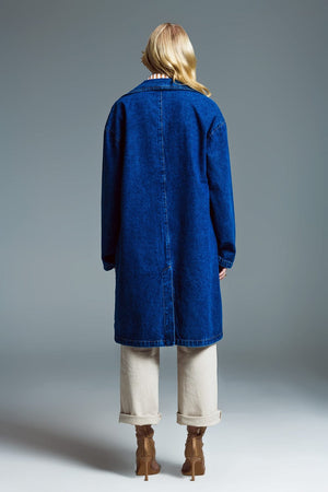 Q2 Women's Outerwear Oversized Denim Coat With Wide Collar In Mid Wash