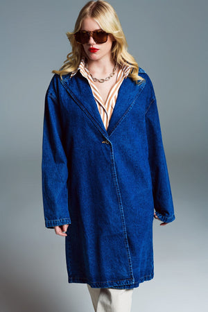 Q2 Women's Outerwear Oversized Denim Coat With Wide Collar In Mid Wash