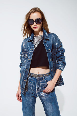 Q2 Women's Outerwear Oversized Denim Jacket With Silver Metallic Finished