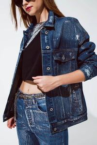 Q2 Women's Outerwear Oversized Denim Jacket With Silver Metallic Finished