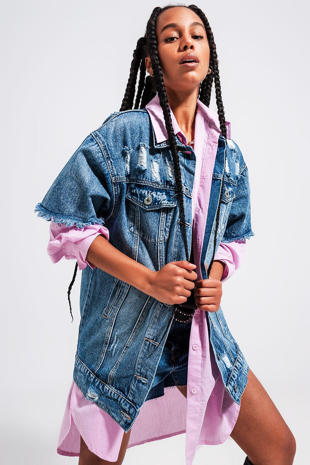 Q2 Women's Outerwear Oversized Distressed Short Sleeves Denim Jacket