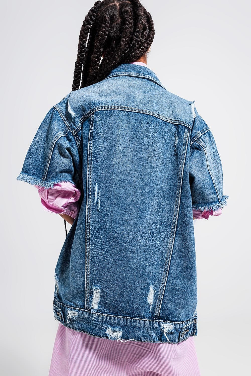 Q2 Women's Outerwear Oversized Distressed Short Sleeves Denim Jacket