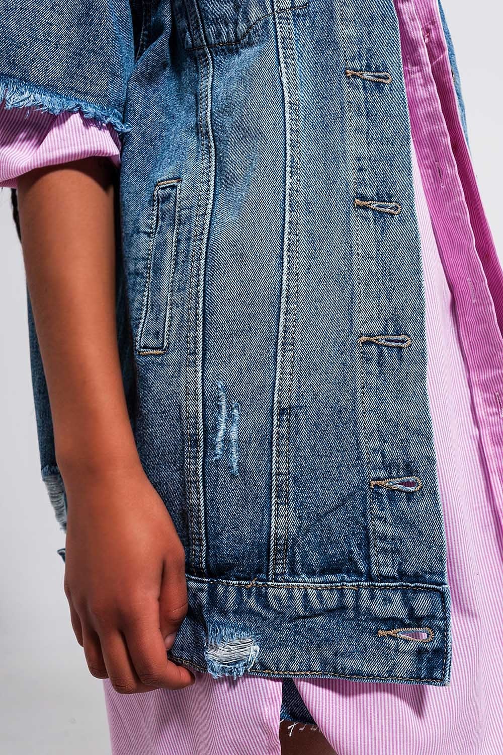 Q2 Women's Outerwear Oversized Distressed Short Sleeves Denim Jacket