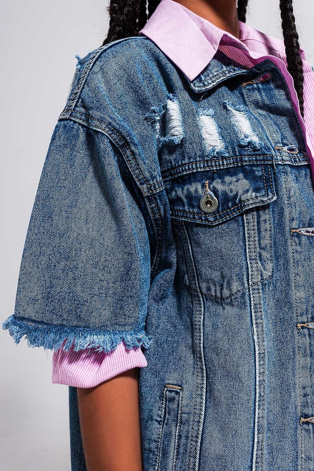 Q2 Women's Outerwear Oversized Distressed Short Sleeves Denim Jacket