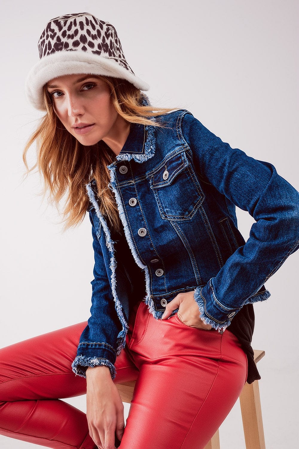Q2 Women's Outerwear Raw Denim Jacket in Mid Blue