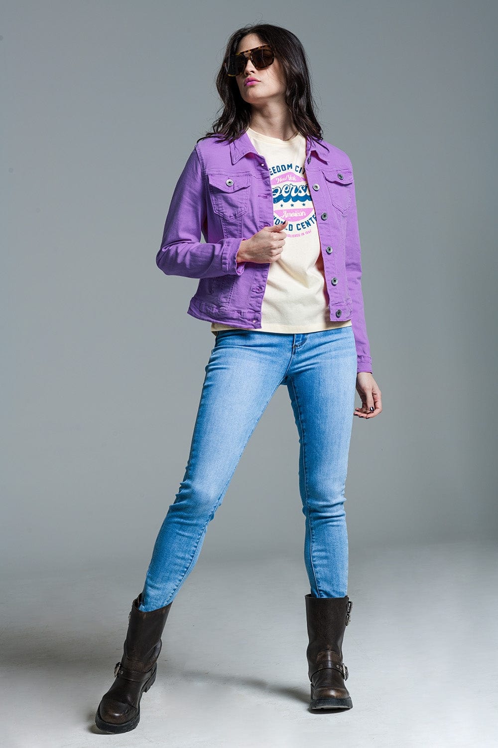 Q2 Women's Outerwear Slim Denim Trucker Jacket In Lilac