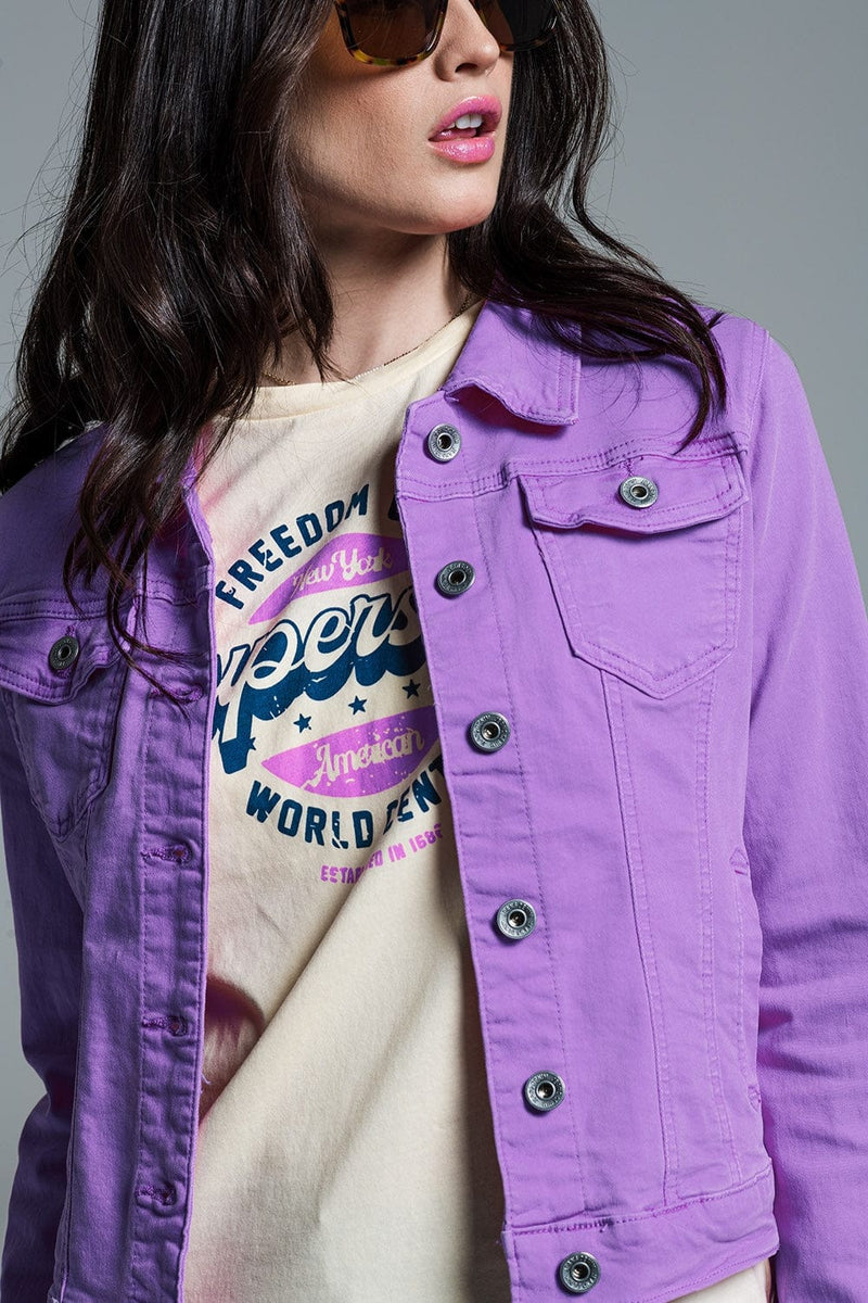 Q2 Women's Outerwear Slim Denim Trucker Jacket In Lilac