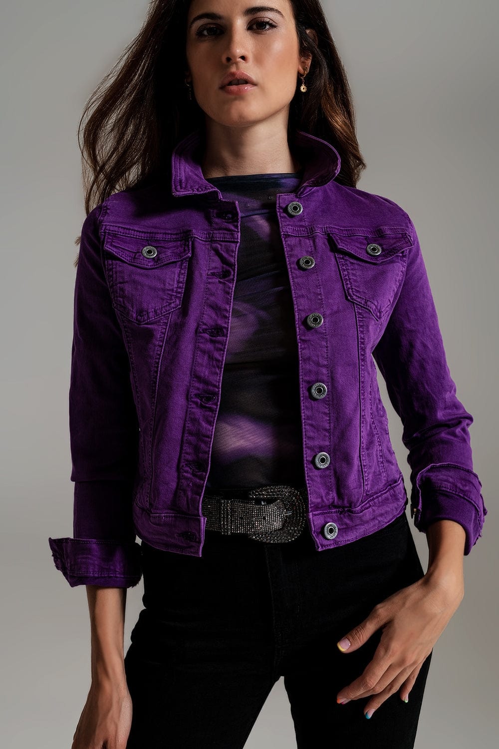 Q2 Women's Outerwear Slim Denim Trucker Jacket In Purple