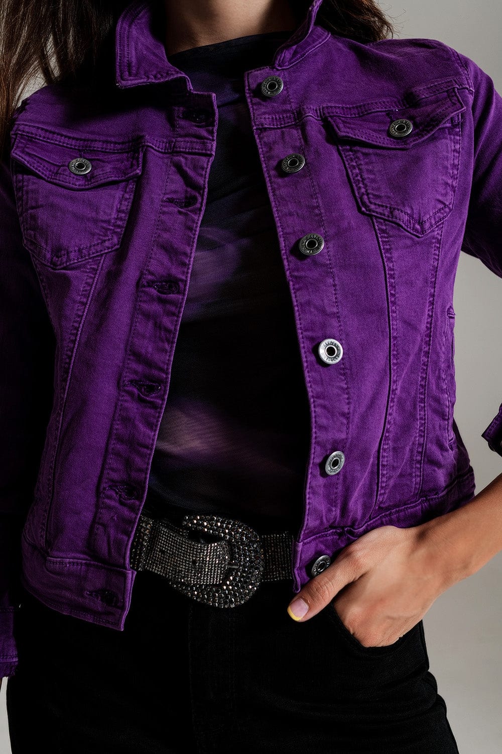 Q2 Women's Outerwear Slim Denim Trucker Jacket In Purple