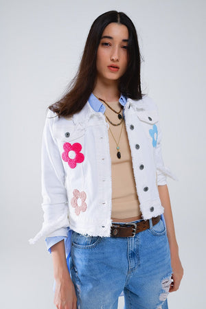 Q2 Women's Outerwear White Denim Jacket With Embroided Flowers