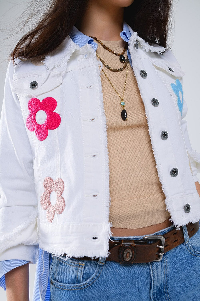 Q2 Women's Outerwear White Denim Jacket With Embroided Flowers