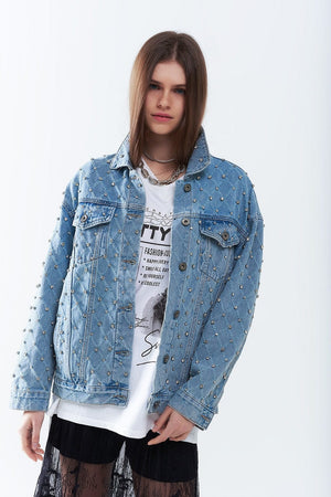 Q2 Women's Outerwear Wide Denim Jacket With Rhinestones In A Diamond Pattern