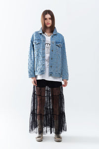 Q2 Women's Outerwear Wide Denim Jacket With Rhinestones In A Diamond Pattern