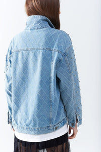 Q2 Women's Outerwear Wide Denim Jacket With Rhinestones In A Diamond Pattern