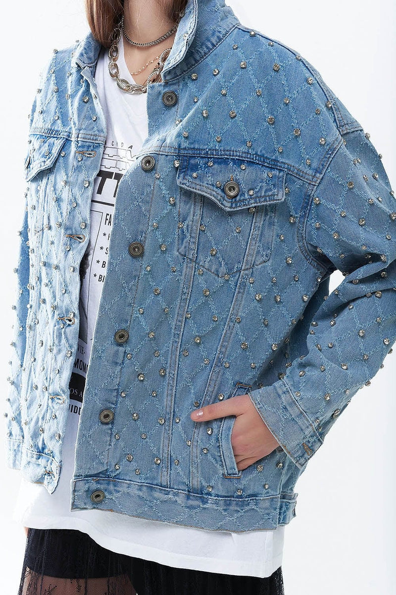 Q2 Women's Outerwear Wide Denim Jacket With Rhinestones In A Diamond Pattern