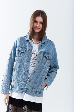 Q2 Women's Outerwear Wide Denim Jacket With Rhinestones In A Diamond Pattern