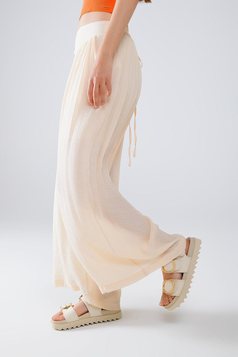 Q2 Women's Pants & Trousers Beige Palazzo Style Pants With Side Pockets And Thick Waist Band