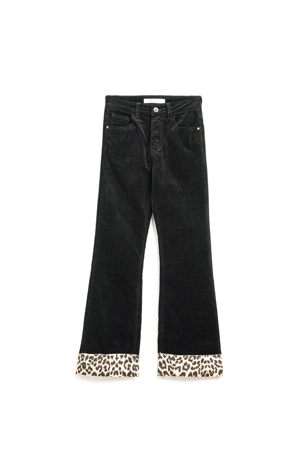 Q2 Women's Pants & Trousers Black Corduroy Flare Pants With Leopard Print At The Bottom