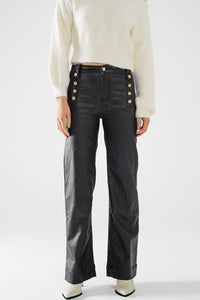 Q2 Women's Pants & Trousers Black Faux Leather Trousers With Buttons