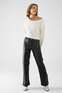 Q2 Women's Pants & Trousers Black Faux Leather Trousers With Buttons