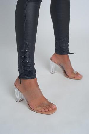 Q2 Women's Pants & Trousers Black Leather Effect Trousers with Hem Lace-Up