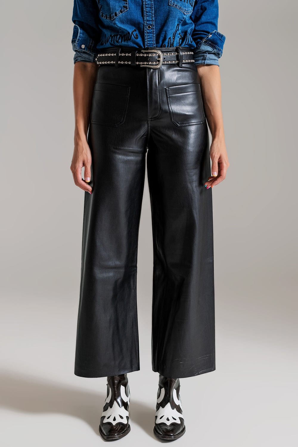 Q2 Women's Pants & Trousers Black Palazzo-Style Faux Leather Pants With Pocket Detail