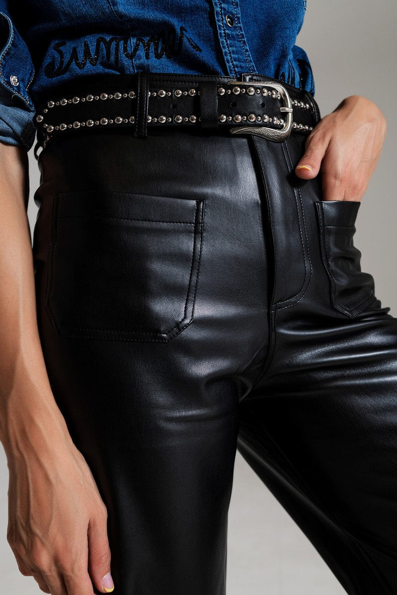 Q2 Women's Pants & Trousers Black Palazzo-Style Faux Leather Pants With Pocket Detail
