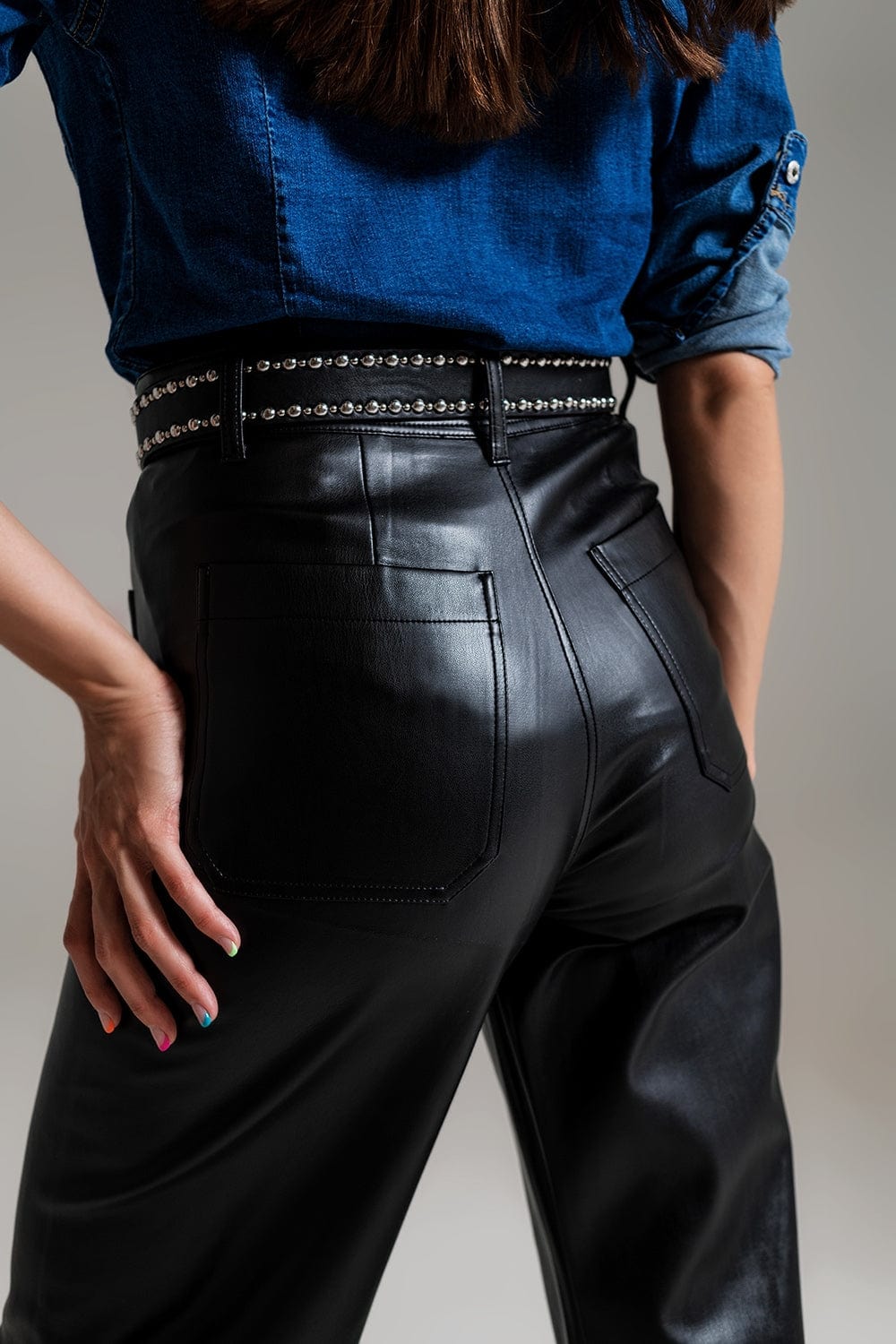 Q2 Women's Pants & Trousers Black Palazzo-Style Faux Leather Pants With Pocket Detail