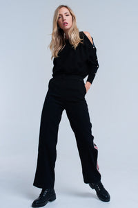 Q2 Women's Pants & Trousers Black pants with stripe detail