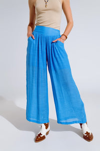 Q2 Women's Pants & Trousers Blue Palazzo Style Pants With Side Pockets And Thick Waist Band