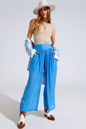Q2 Women's Pants & Trousers Blue Palazzo Style Pants With Side Pockets And Thick Waist Band