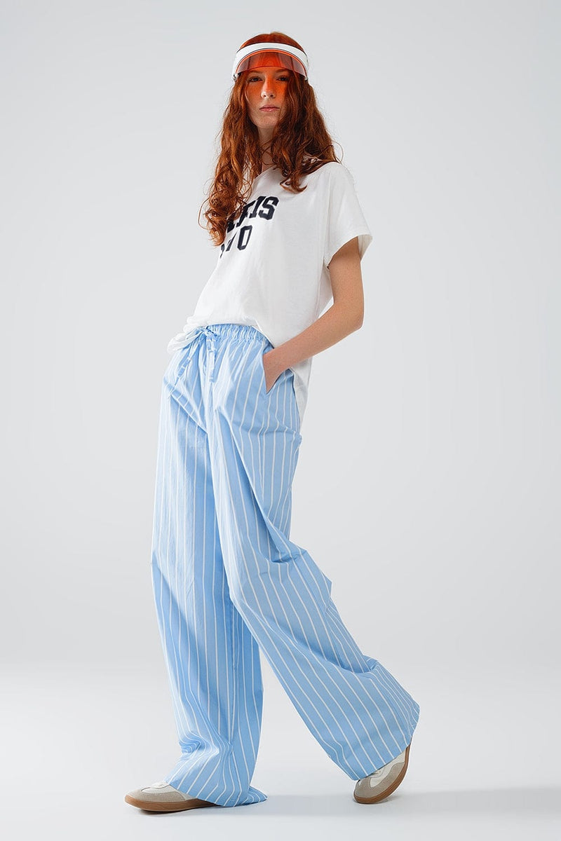 Q2 Women's Pants & Trousers Blue Striped Fluid Long Trousers