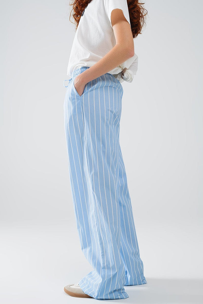 Q2 Women's Pants & Trousers Blue Striped Fluid Long Trousers