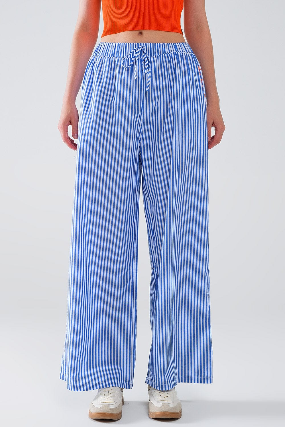 Q2 Women's Pants & Trousers Blue Striped Pants With Elastic Waist And Pockets