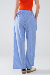 Q2 Women's Pants & Trousers Blue Striped Pants With Elastic Waist And Pockets