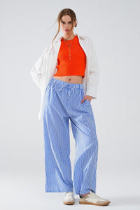 Q2 Women's Pants & Trousers Blue Striped Pants With Elastic Waist And Pockets