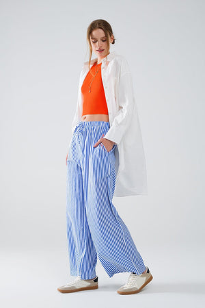 Q2 Women's Pants & Trousers Blue Striped Pants With Elastic Waist And Pockets