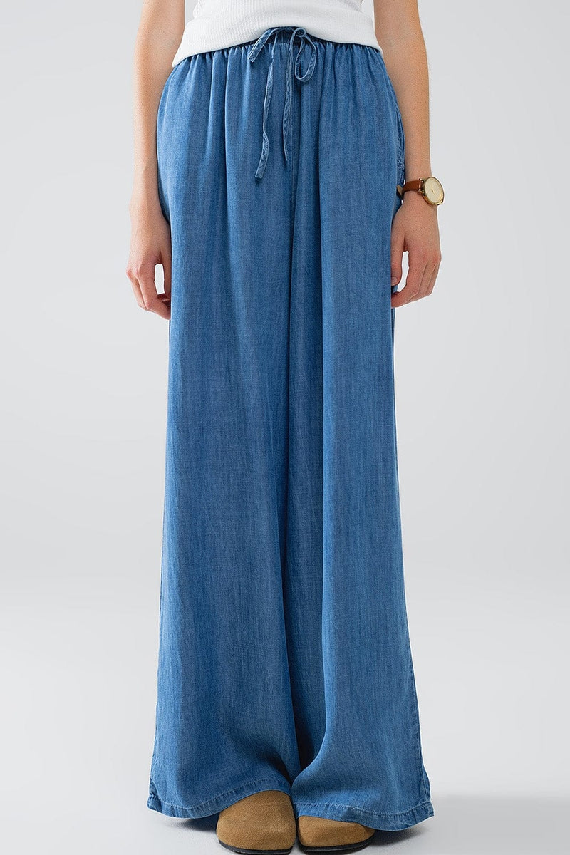 Q2 Women's Pants & Trousers Blue Tencel Denim-Style Wide-Leg Fluid Pants