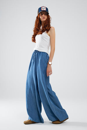 Q2 Women's Pants & Trousers Blue Tencel Denim-Style Wide-Leg Fluid Pants