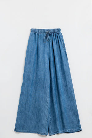 Q2 Women's Pants & Trousers Blue Tencel Denim-Style Wide-Leg Fluid Pants