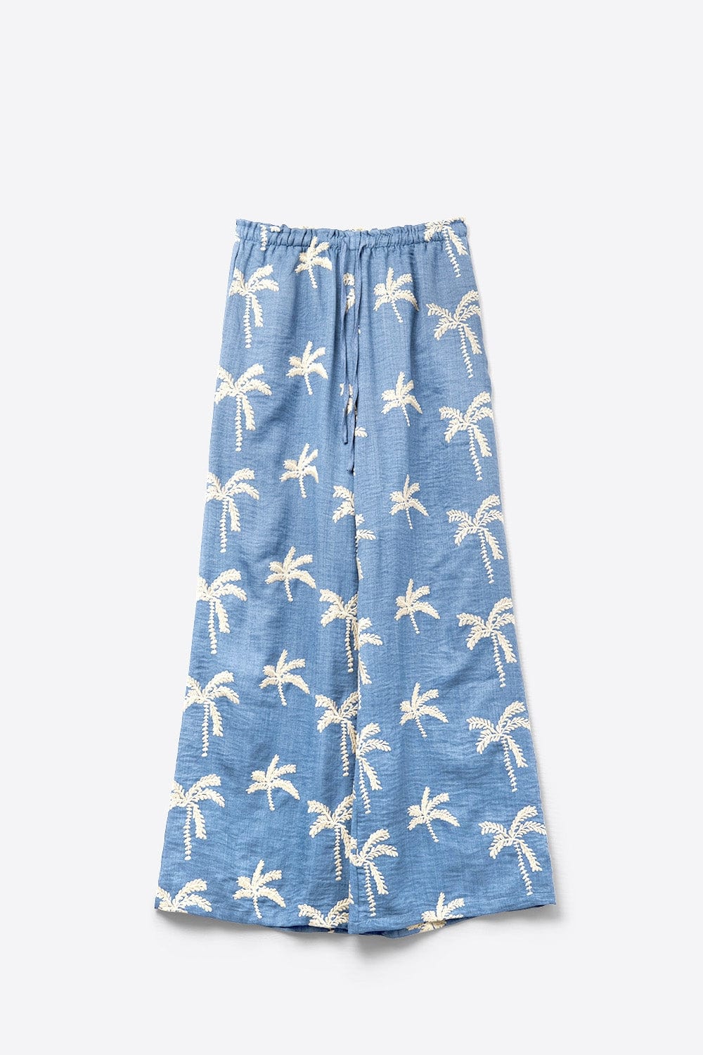 Q2 Women's Pants & Trousers Blue Wide-Leg Trousers With Beige Palm Tree Embroidery