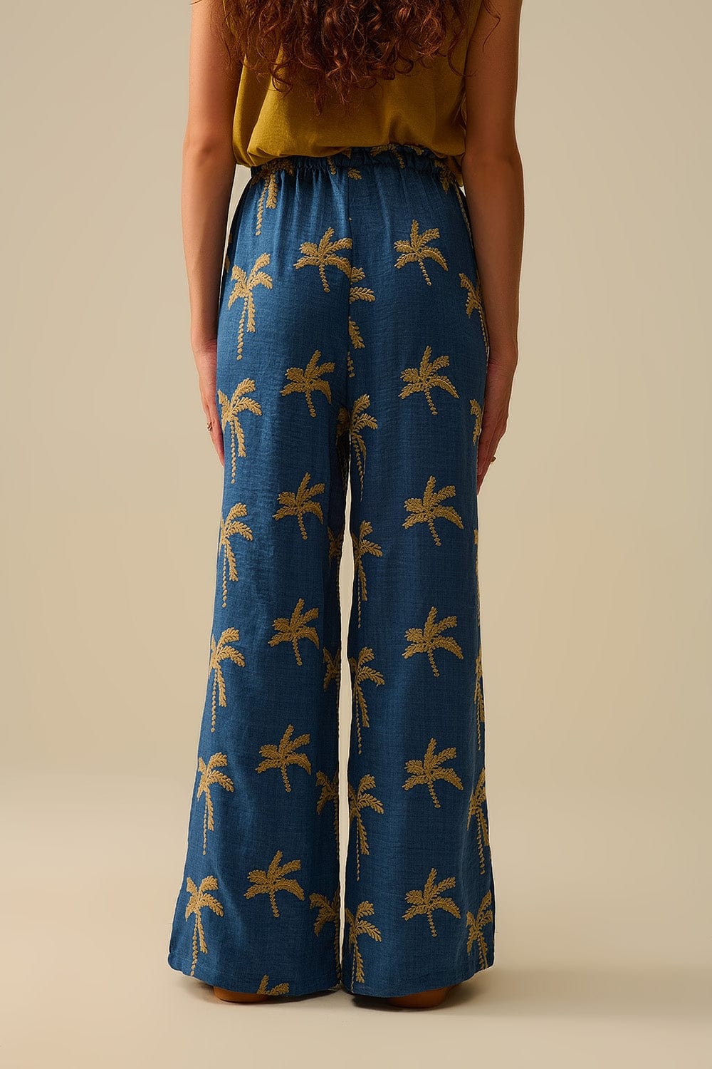 Q2 Women's Pants & Trousers Blue Wide-Leg Trousers With Beige Palm Tree Embroidery