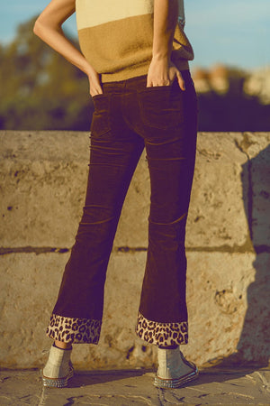 Q2 Women's Pants & Trousers Brown Corduroy Flare Pants With Leopard Print At The Bottom