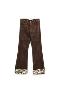 Q2 Women's Pants & Trousers Brown Corduroy Flare Pants With Leopard Print At The Bottom