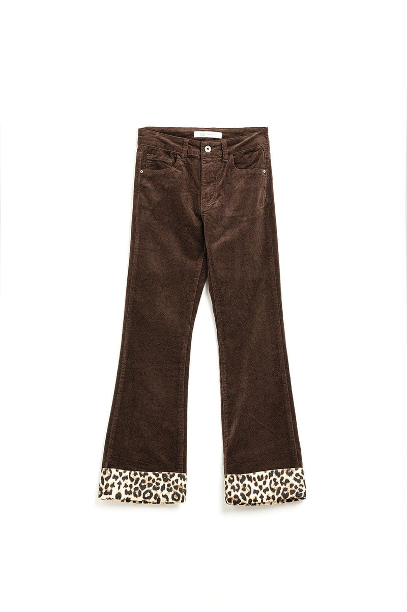 Q2 Women's Pants & Trousers Brown Corduroy Flare Pants With Leopard Print At The Bottom