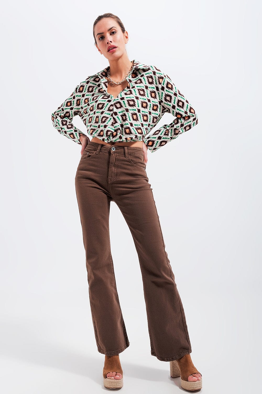 Q2 Women's Pants & Trousers Brown Flared Jeans