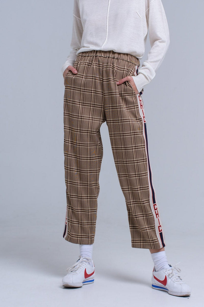 Q2 Women's Pants & Trousers Brown tartan pattern pants