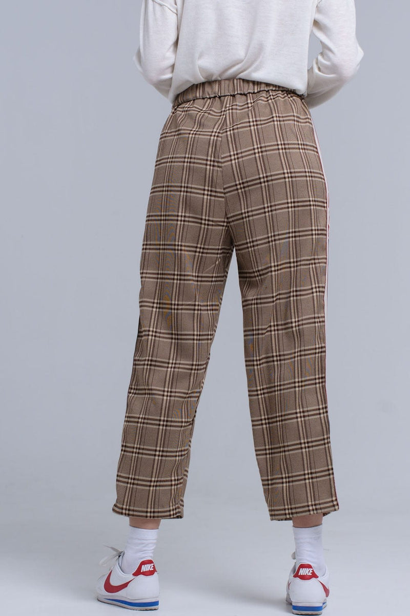 Q2 Women's Pants & Trousers Brown tartan pattern pants