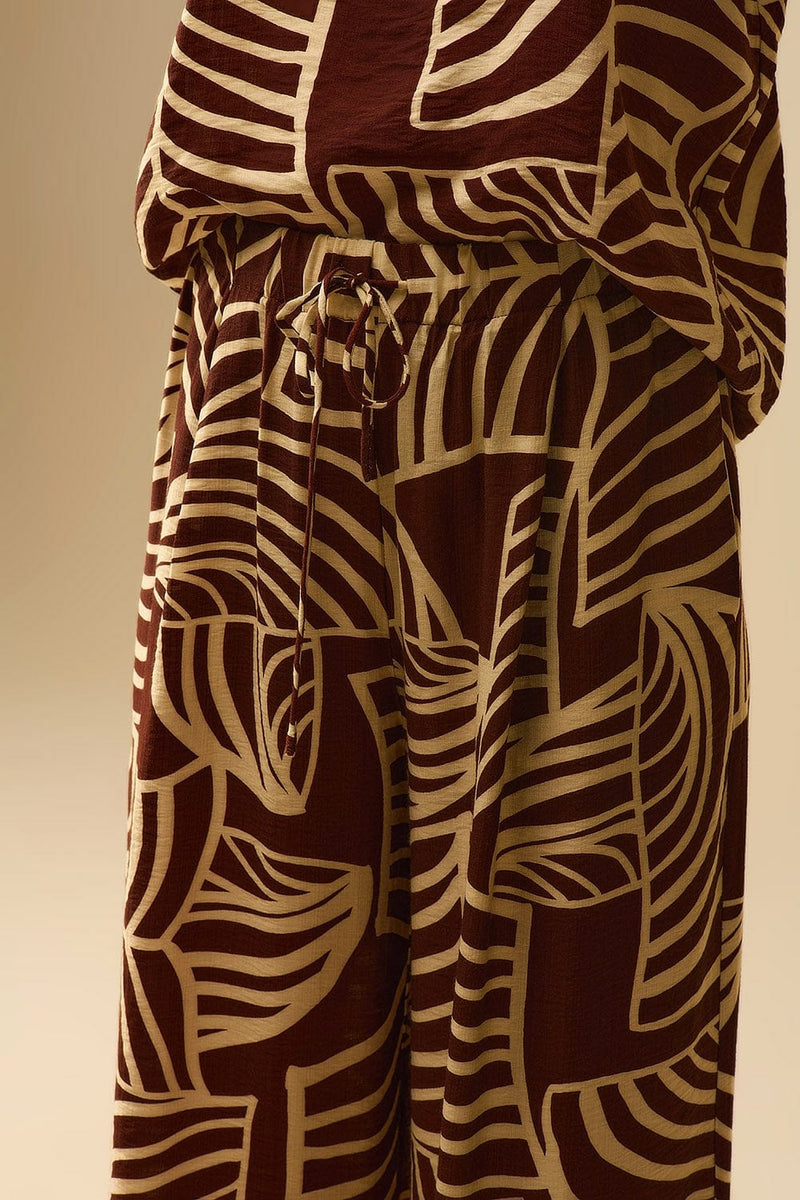 Q2 Women's Pants & Trousers Brown Wide Leg Trousers With White Leaf Print